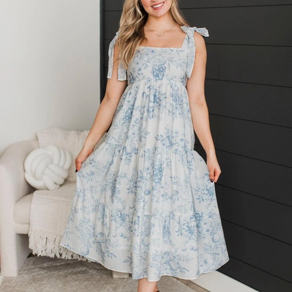 Ivory & Blue Floral Midi Dress